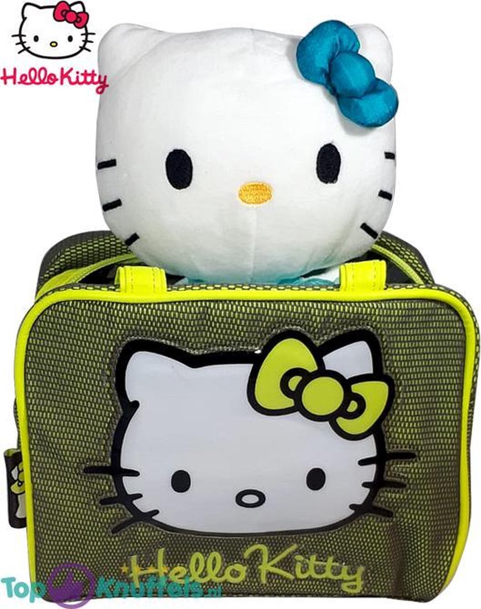 Hello Kitty Pluche Knuffel 18cm + Tas | Turquoise Knuffel + Gele Hello Kitty Tas | Cadeau Kado voor kinderen | Helo Kity |  Knuffeldier kat Speelgoed